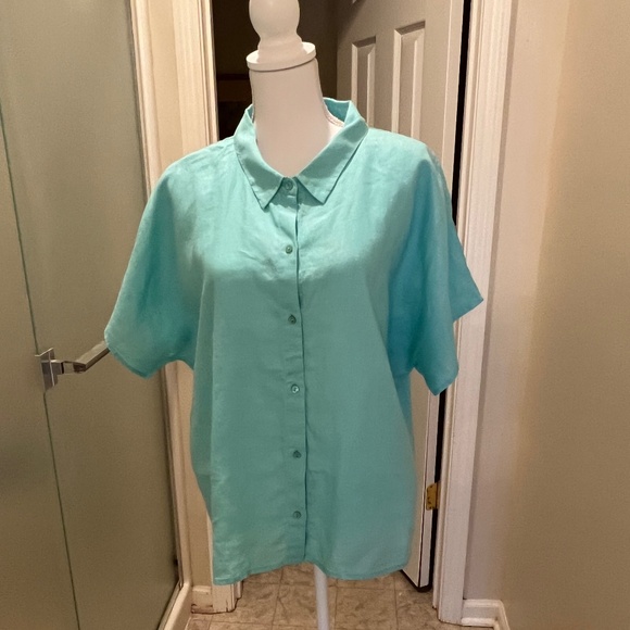 Eileen Fisher Tops - Eileen Fisher Mint/Aqua Linen Collar Button Down Shirt Size 1X